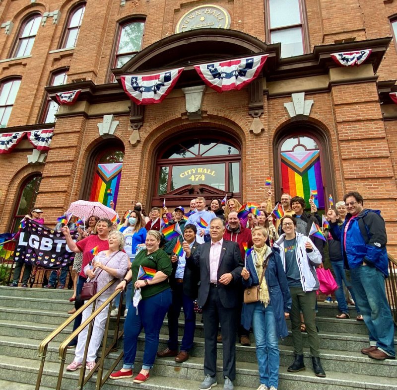 Kicking-off the start of Pride month atop the steps of Saratoga Springs City Hall on June 1, 2022. Photo by Thomas Dimopoulos.