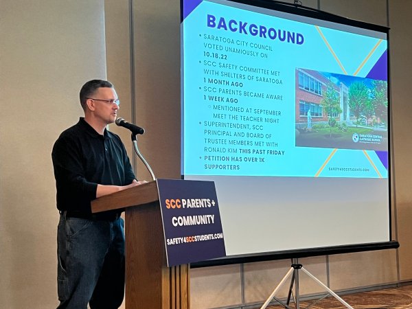 Kevin Zacharewicz, a member of the Saratoga Central Catholic School Safety Committee, speaks at a meeting at the Holiday Inn on Monday, Jan. 30. Photo by Dylan McGlynn.