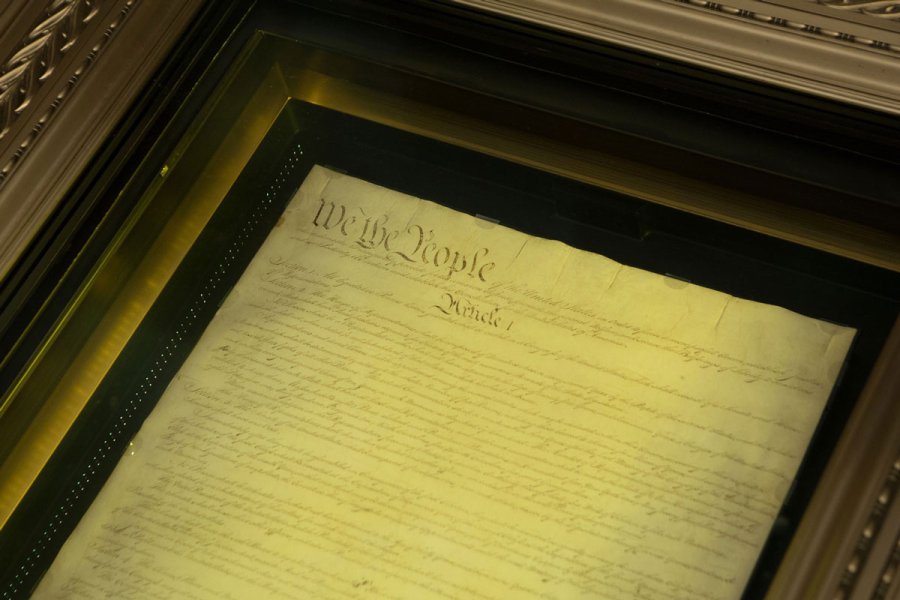 Page 1 of the Constitution in its encasement in the Rotunda for the Charters of Freedom, the permanent home of the Declaration of Independence, Constitution of the United States, and Bill of Rights, at The National Archives Museum in Washington, D.C. Photo: National Archives Museum.