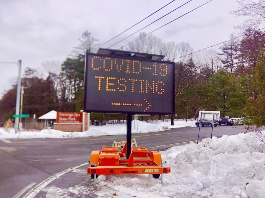 Signage on Route 50 just outside the Spa State Park on Tuesday Jan. 5, 2021 directs those being tested specifically for the new coronavirus variant to a site adjacent to the Peerless Pool where tests for the new strain got underway on Tuesday. Photo by Thomas Dimopoulos.   