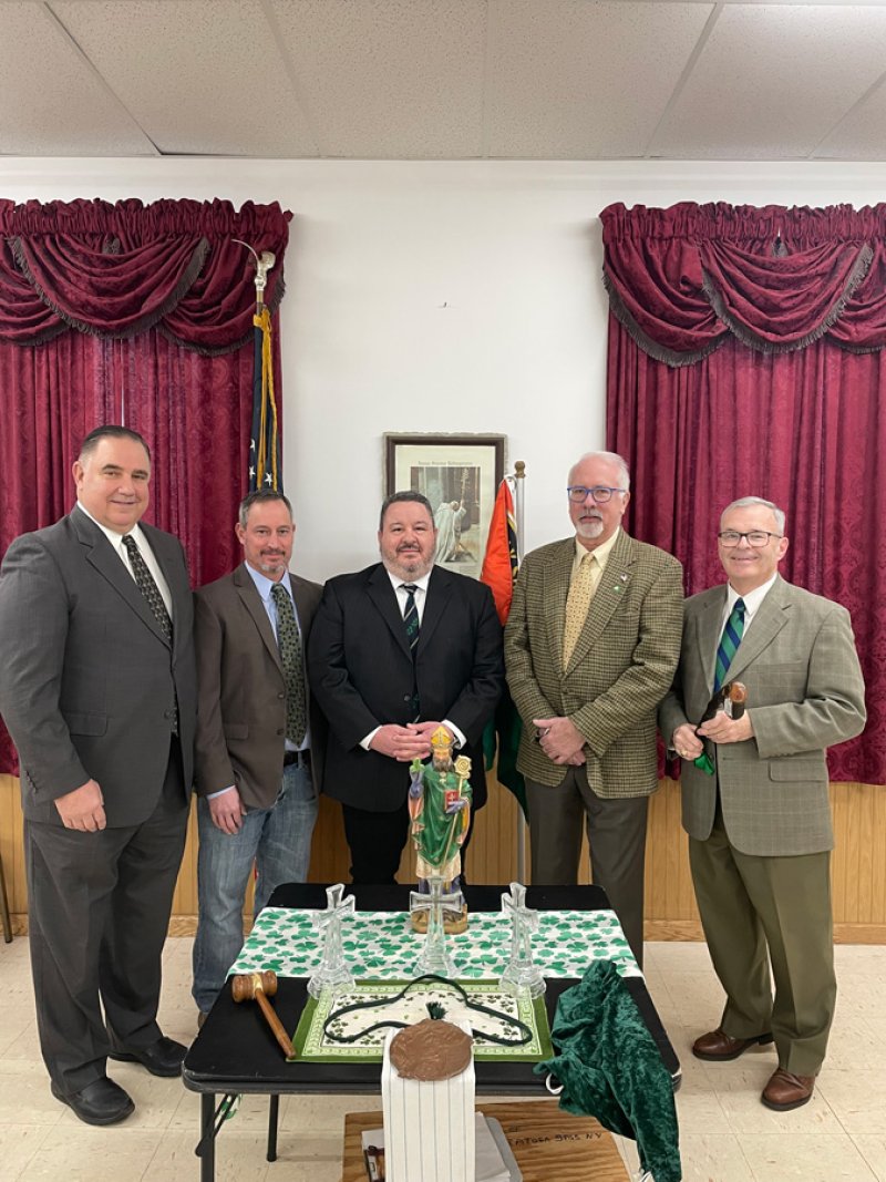 The 2024 officers for the Saratoga Springs chapter of the Friendly Sons of St. Patrick: President Mike D’Arcy, Vice President Ryan Dennis, Treasurer Patrick Fleming, Secretary Steven Rowland, and Past President and Keeper of the Shillelagh Mark Phillips. Photo provided by Don Cunningham.