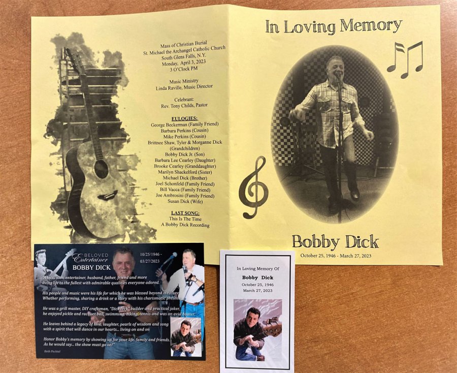 Materials distributed April 3, 2023 at St. Michael’s Catholic Church in  South Glens Falls, where a  Funeral Mass was held for Bobby Dick.  Photo by Thomas Dimopoulos. 