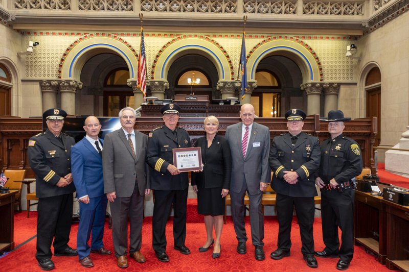 Saratoga County Under Sheriff Rick Castle, Hy Taylor, Tom Mitchell of the New York State Sheriff’s Association,  Sheriff Zurlo, Emil Baker, Chief Glen Sheehy and Captain Kevin Herrick of the Saratoga County Sheriff’s Department. Photo provided.