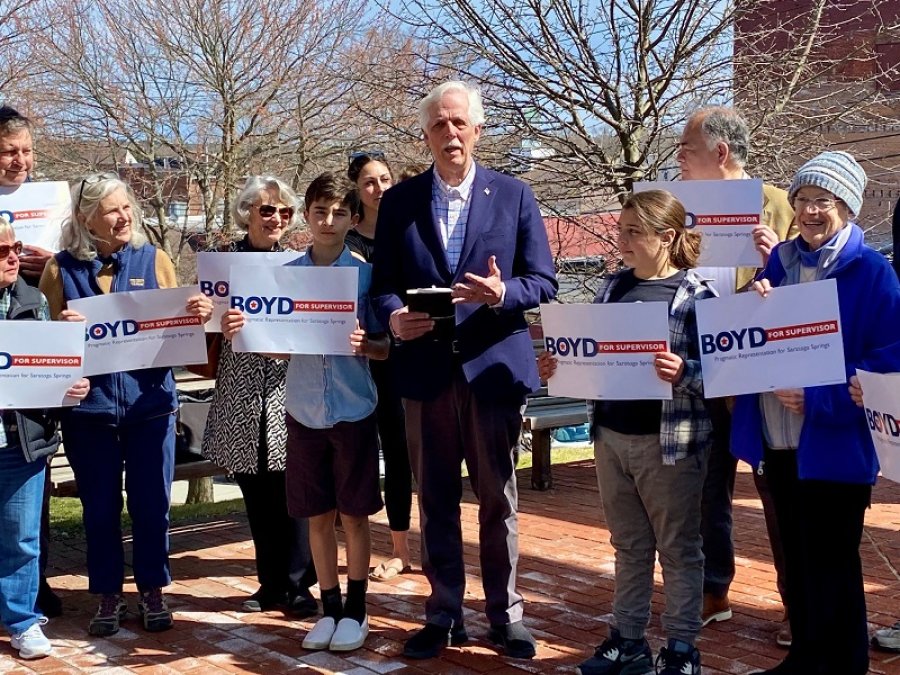 Gordon Boyd launching his campaign for county supervisor in front of the Saratoga County Board of Elections building in Ballston Spa on April 12, 2023.  
