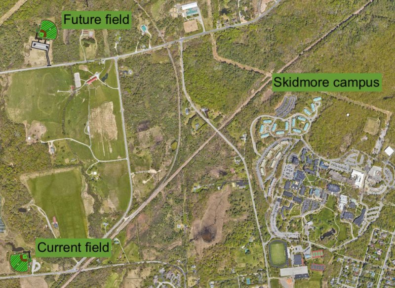 Image: Aerial map of the Skidmore campus and baseball fields provided by The LA Group Landscape Architecture and Engineering/Skidmore Athletics. Image text added by Saratoga TODAY.