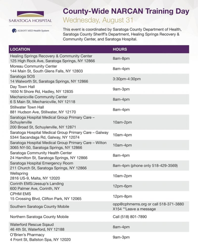NARCAN Training Day locations. For the full list visit saratogahosptial.org  