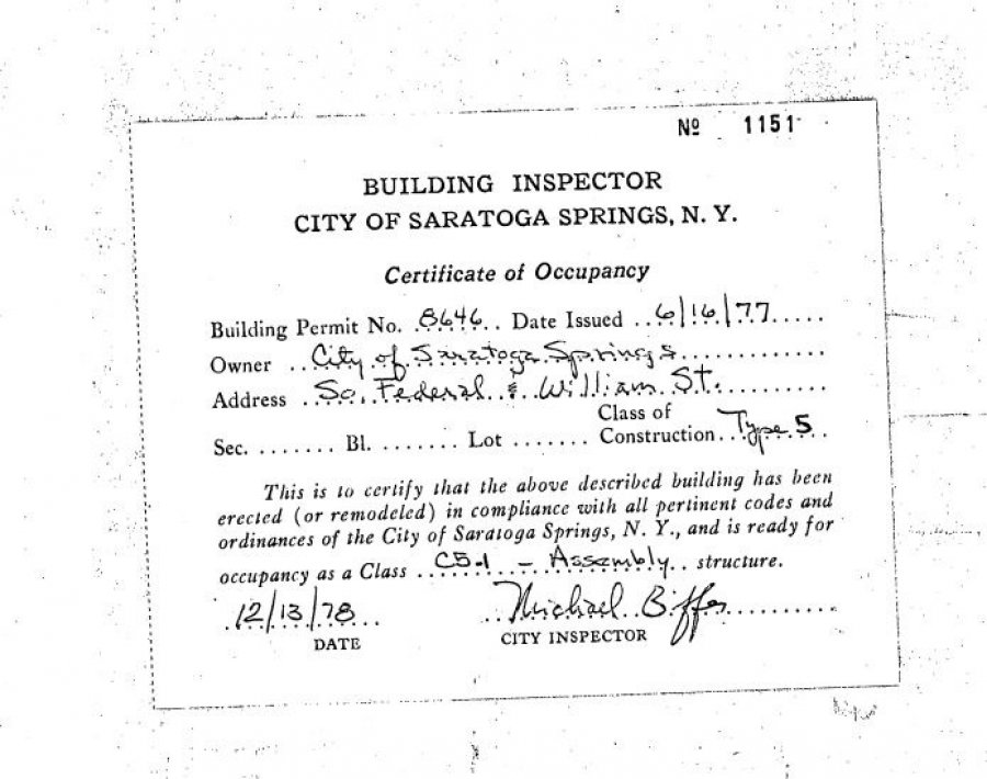 Certificate of Occupancy, June 1977, on file with the city regarding the structure that currently serves the Saratoga Senior Center. 
