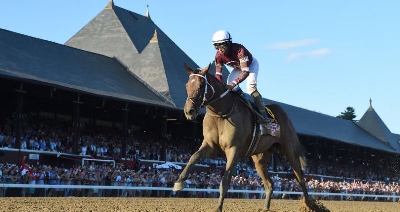 Epicenter racing to victory in the Travers stakes race at Saratoga Race Course on Aug. 27, 2022. Photo courtesy of NYRA.