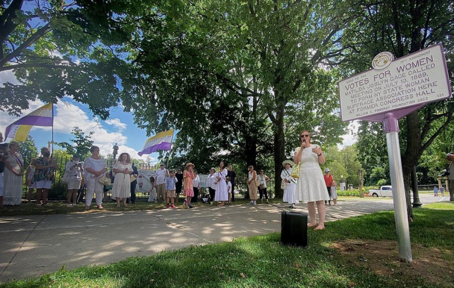 Saratoga County Historian Lauren Roberts speaks outside Congress Park where a marker celebrating Matilda Joslyn Gage was unveiled July 13, 2022. Photo by Thomas Dimopoulos.
