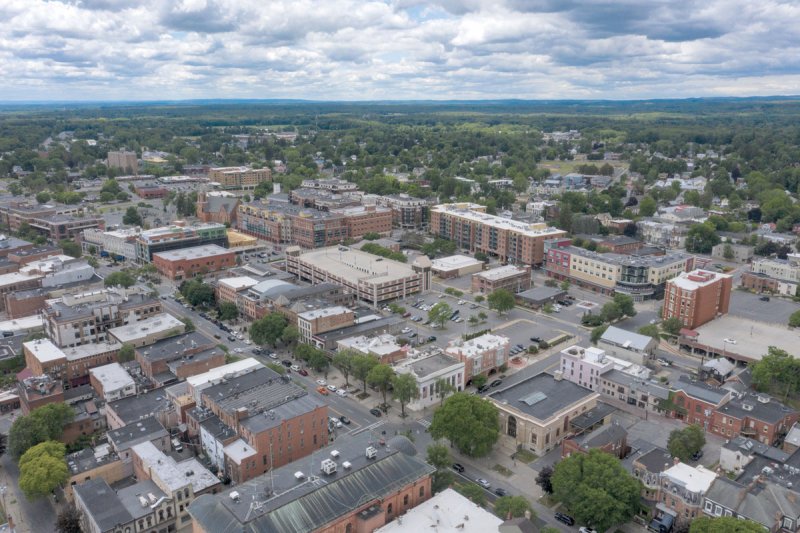 Aerial of Broadway and Church St., Saratoga Springs.  Photo by Super Source Meida.