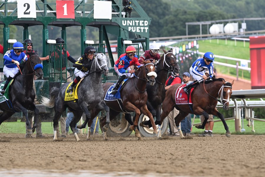 The 2021 Whitney Grade Stakes took place Saturday, Aug. 7. The Victor was Knicks Go (grey horse second from left). Photo courtesy of NYRA. 