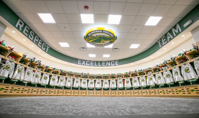 The Skidmore College men’s ice hockey locker room unveiled last year. Photo via Skidmore Athletics.