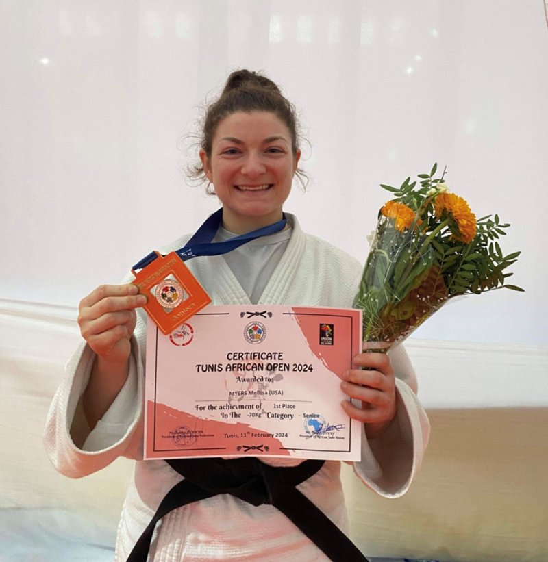 Melissa Myers posing with her gold medal after competing in the Tunis African Open in Tunisia. Photo provided by Jason Morris.