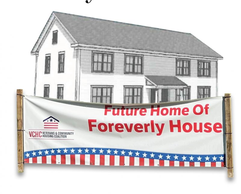 Design plans (Muse Architect) and lawn banner on the  future proposed site of Foreverly House in Ballston Spa.   