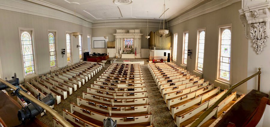 The view from the balcony inside The First Baptist Church of Saratoga. Photo by Thomas Dimopoulos. 