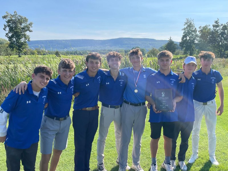 Members of the 2023 Saratoga Springs varsity boys golf team, pictured after winning the Suburban Council team championship. Photo provided.