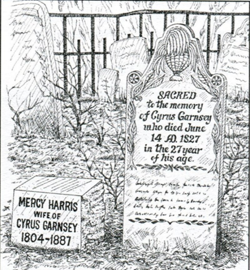 Drawing by George Hubbard, Rexford, of Mercy Harris’s tombstone in the Garnsey Cemetery.  Image provided by The Saratoga County History Roundtable.
