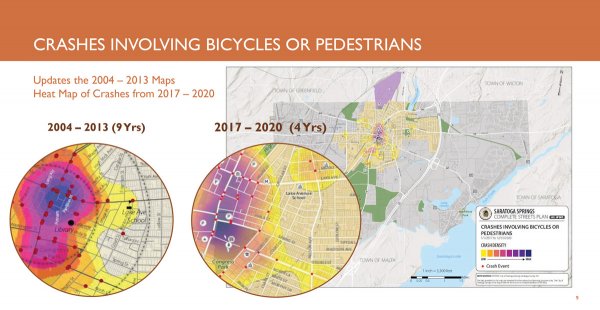 Crashes Involving Bicycles or Pedestrians, 2004-2013 and updated to depict 2017-2020, inclusively. The document was part of a 16-page presentation made to the Saratoga Springs City Council on  Aug. 16, 2022, titled “Safe Routes to School Maps and Bicycle and Pedestrian Crash Heat Mapping.”