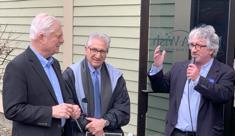 From left to right, Mayor John Safford, State Senator  James Tedisco, and Make-A-Wish Northeast New York President &amp; CEO Jamie Hathaway at the ribbon-cutting ceremony for the Dr. J. Peter McPartlon Wishing Space in Saratoga Springs.  Photo by Jonathon Norcross.