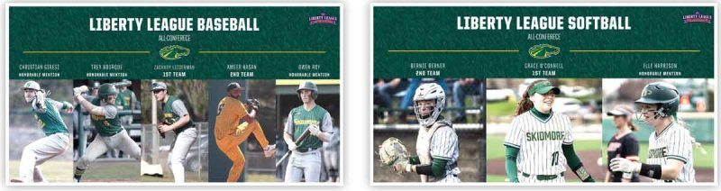 Skidmore College baseball and softball players named to the All-Liberty League teams. Images via Skidmore Athletics. 