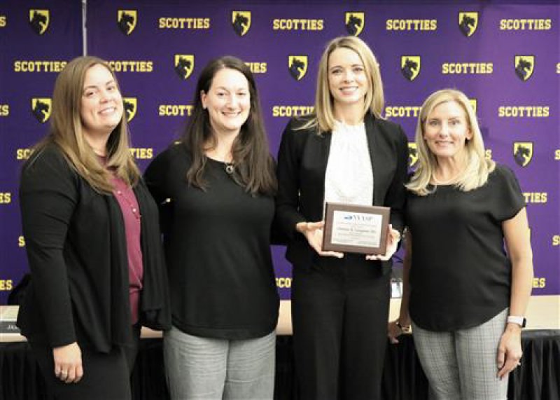 (L-R) NYASP Chapter F Representatives Calyn Kessler and Eliane Keyes presented the award to Chelsea Cangeleri along with Ballston Spa’s CSE Chairperson Meghan Zito at a recent October Board of Education meeting. Photo provided.