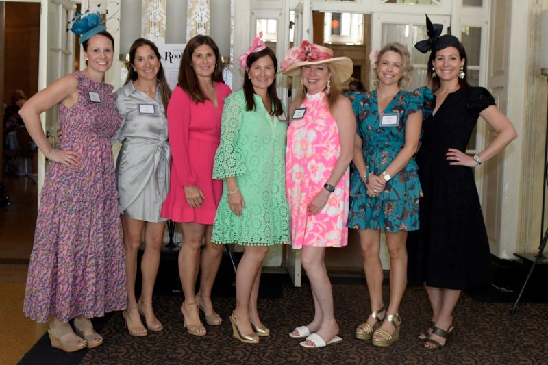 Flower and Fruit Mission members ready to greet guests to the 2022 Spring Luncheon: (L to R) Erica Fuller, Jennifer Perry, Lisa Higgins, Cara Mildé, Susan Halstead, Chelsea Silver &amp; Giovanna D’Orazio