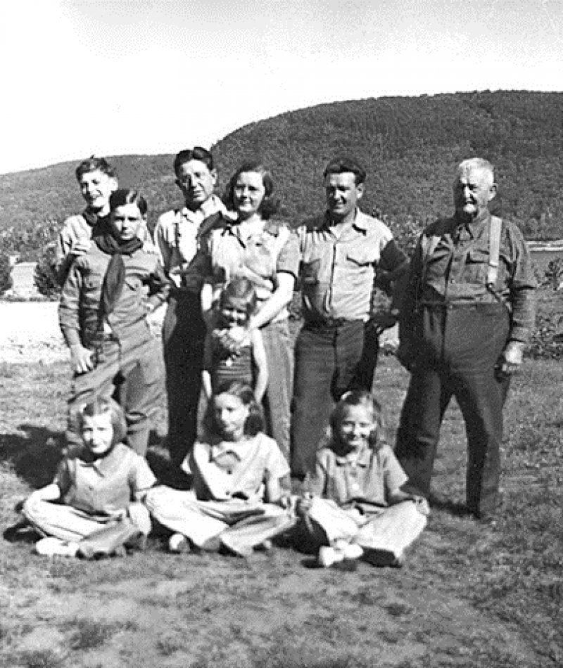 Standing: son Jim, neighbor Angelo Guerrie, Maynard Varney, wife Ruth, daughter Jean, nephew Ken Petteys, father Dalas Varney.  Seated: Audrey, Barbara, and Carolyn Petteys.  Photo provided by The Saratoga County History Roundtable.