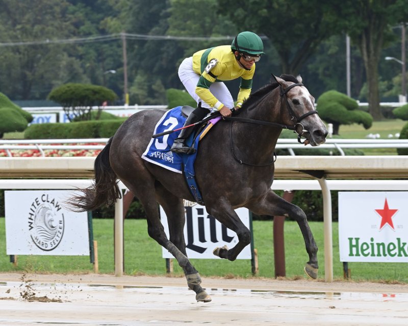 Maple Leaf Mel racing to victory in last year’s 2022 Seeking the Ante. Photo courtesy of NYRA. 